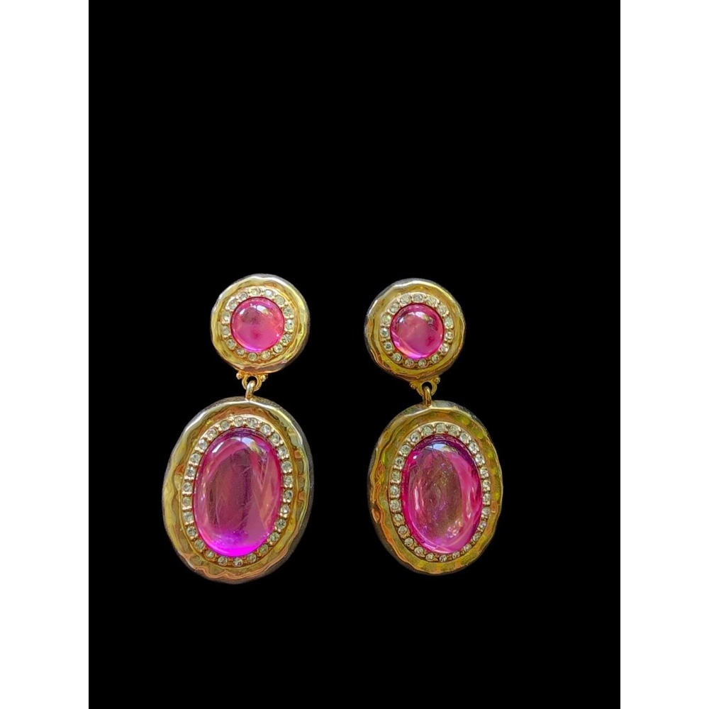 Scaasi CN Pink Cabochon Lucite Rhinestone Statement Clip On Earrings Vintage
